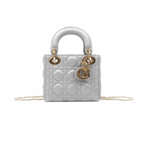 Christian Dior Mini Lady Dior Piel de cordero gris iridiscente Cannage Herrajes dorados