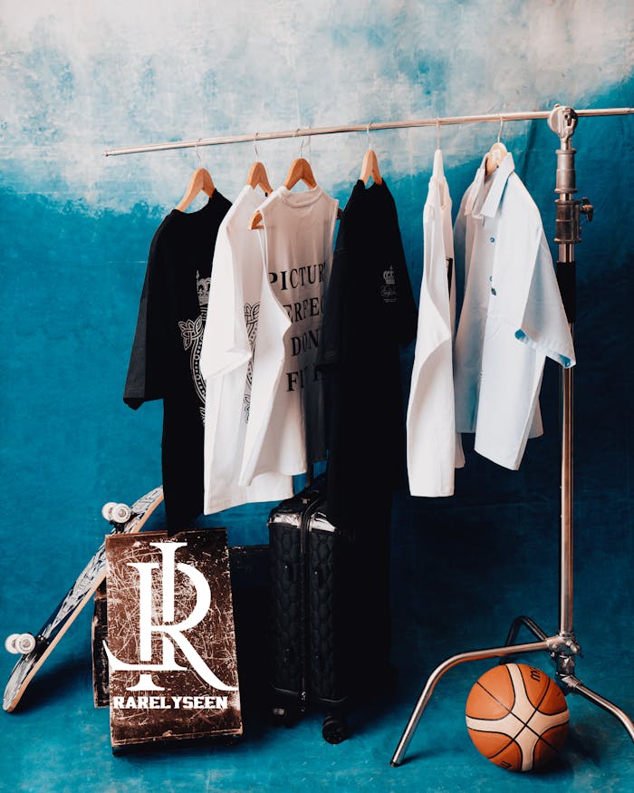 Stylish clothes on a rack with skateboard, suitcase, and basketball in a modern vibrant setting.